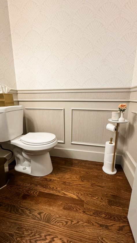 Wainscoting - The Timeless Trim | The Gibby Home Formal Dining Room With Wainscoting, Paneling In Powder Room, Powder Room Wainscoting, Timeless Powder Room, Diy Stone Backsplash, Classic Powder Room, Bathroom Wainscoting, Wainscoting Living Room, 1800s Home