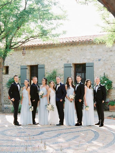 Tuscan-inspired wedding in Scottsdale, Arizona via Magnolia Rouge Dusty Blue Bridesmaid Dresses Black Suits, Dusty Blue Wedding Black Suit, Light Blue Bridesmaid Dresses Black Suits, Black Tux Blue Bridesmaid, Black And Light Blue Wedding, Blue Bridesmaid Dresses With Groomsmen, Light Blue And Black Wedding, Dusty Blue And Black Wedding, Blue Bridesmaid Gowns