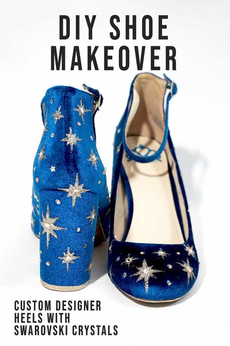 How to give your shoes a DIY makeover with swarovski crystals. Plus how to paint on velvet and a secret trick to help remove super glue. #shoes #diyfashion #shoehacks #diyideas Diy Bejeweled Boots, Diy Wedges Shoes Makeover, Diy High Heels Makeover, Diy Boots Makeover Shoe Refashion, Beading On Velvet, Shoe Upcycle Diy, Upcycle Heels Diy, Diy Clothing Embellishments, Diy Heels Makeover Ideas