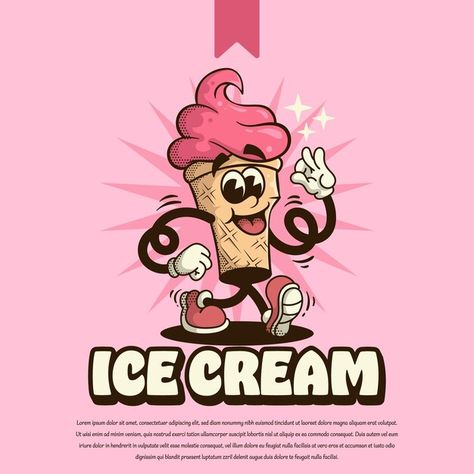 Ice cream vintage cartoon mascot logo | Premium Vector #Freepik #vector Ice Cream Mascot, Logo Ice Cream, Ice Cream Character, Ice Cream Vintage, Vintage Mascot, Ice Cream Cartoon, Ice Cream Logo, Cartoon Mascot, Coffee Shop Logo