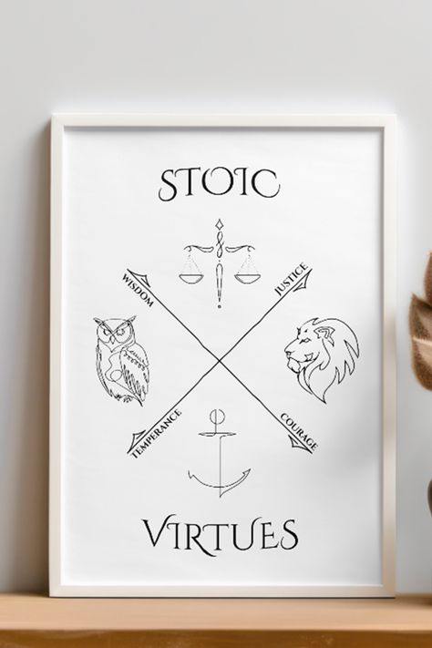 Make a statement in any room with this Stoic framed poster, printed on thick matte paper. The matte black/white frame it's made from wood from renewable forests, which adds an extra touch of class. 7 Virtues Tattoo, Stoic Symbol Tattoo, Cardinal Virtues Tattoo, Stoic Symbol, Stoicism Tattoo Ideas, Stoic Tattoos For Men, Virtue Tattoo, 4 Stoic Virtues, Stoic Tattoo Ideas