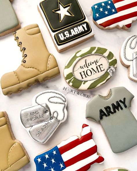 Hartwork Cookie Co. Veteran Cookies Decorated, Veterans Day Cookies Decorated, Veterans Day Cookies, Army Cookies, Patriotic Cookies, Promotion Party, Best Apple Pie, Military Retirement, Cookie Business