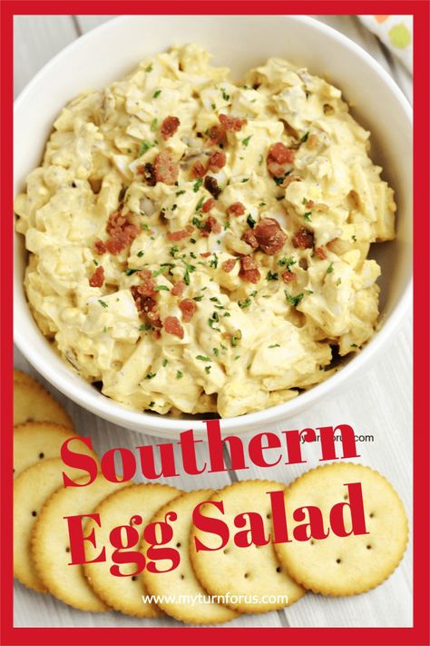 Make a Southern Egg Salad topped with bacon for egg salad sandwiches. Or add chopped jalapeños for a spicy Texas Egg Salad or try some of our other great egg salad variations. We have suggestions for what to serve with egg salad sandwiches. You could use leftover Easter eggs for an Easter egg salad with this same recipe. #EggSalad #SouthernEggSalad #SpicyEggSalad #myturnforus #EggSaladVariations Egg Salad With Bacon Recipes, Egg And Bacon Salad, Spicy Egg Salad Sandwich, Egg Salad Variations, Bacon Egg Salad Recipe, Southern Egg Salad Recipe, Spicy Egg Salad Recipe, Egg Salad Recipe With Bacon, Bacon Egg Salad Sandwich