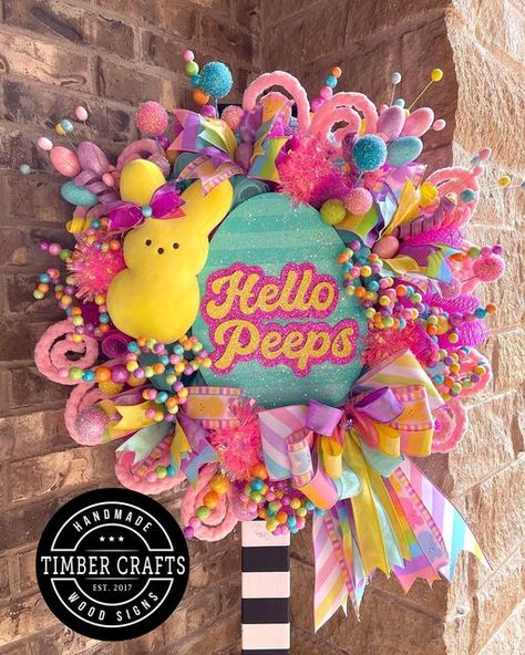 TimberCrafts on Instagram: "I just listed this wreath on my Etsy. I really enjoy making these wreaths.😊 She’s big and busy, just how I like them.✨💕😅 Update: this one has sold, I’ll be making another one like this one.😊💕✨ #wreath #wreathmaking #easter #peeps #easterpeeps #hellopeeps #easterdecor #easterwreath #wreathdecor #texas #westtexas #midlandtx #midlandtexas #odessatx #odessatexas #southtexas #sanantonio #houston #rgv #rgvlife #mcallen #mcallentx #dallas #woodsign #doorhanger #handmade Peep Wreath Diy, Peeps Wreath, Easter Candy Bouquet, Cross Wreaths, Swag Wreaths, Easter Outdoor, Holiday Bouquet, Work Decor, Diy Easter Gifts