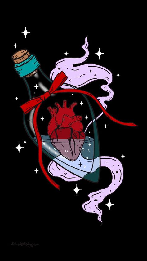 Drawing of a love potion made with procreate. There’s an anatomical heart in it. Love Potion Aesthetic, Love Potion Drawing, Potion Wallpaper, Ink Tober, Love Potion Number 9, Galaxy Magic, Jar Of Hearts, Witch Potion, Bottle Drawing