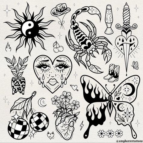 Done by @amybaxtertattoos on insta!! Disco ball cherries tattoo. Crying heart tattoo. Groovy plant. Anatomical heart tattoo. Heart with flowers tattoo. Scorpion tattoo. Cowboy boots flames. Daisies. Butterfly yin yang. Cowboy hat. Lava lamp. Planter. Gothic Designs Pattern, Weird Patchwork Tattoos, Patchwork Tattoo Sheet, Dark Cottagecore Tattoo Ideas, Patchwork Flash Sheet, Small Patch Work Tattoo Ideas, Traditional Blackwork Tattoo Flash, Edgy Patchwork Tattoos, Flash Tattoo Borboleta