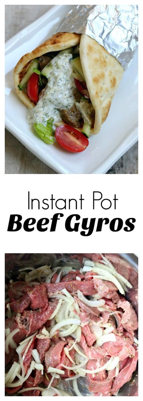 Instant Pot Beef Gyros–Tender pieces of beef with soft onions, juicy tomatoes, crisp lettuce, creamy cucumber yogurt sauce all wrapped up in soft, melt in your mouth pita bread. The beef is cooked until tender in your electric pressure cooker in less than an hour. Gyros With Tzatziki Sauce, Beef Gyros, Dump Ranch, Instapot Ideas, Pane Pita, Beef Gyro, Cucumber Yogurt Sauce, Instapot Meals, Ip Recipes