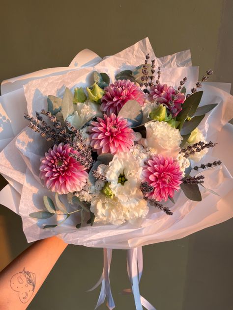 Lavander, dahlia, bouquet, flowers, florist , floral design Bouquet Of Dahlias, Dahlia And Tulip Bouquet, Dahlia Bouquet Aesthetic, Dhalia Aesthetic Bouquet, Dalia Bouquet, Pink Dahlia Bouquet, Dahlia Flower Bouquet, Daliah Flower, Dahlias Bouquet