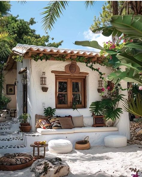 Greek Style Home, Mediterranean Exterior, Outdoor Sitting, Cob House, House Outside Design, Cottage Design, Decoration Inspiration, White Furniture, Tiny House Design