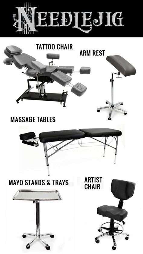 TATTOO F-U-R-N-I-T-U-R-E  All you need to keep your clients comfy while you tattoo. Our folding massage tables are great for conventions, and our Tattoo Chair will give you the most choices for your buck!!!    #needlejig # #tattoofurniture #tattoochair #tattoosupply #tattoosupplies #tattooshop #tattoostudio #tattooparlor #tattooartist Tattoo Furniture, Fabrication Table, Tattoo Shop Interior, Tattoo Artist Tips, Tattoo Shop Decor, Tattoo Studio Interior, Artist Chair, Tattoo Chair, Tattoo Studio Design