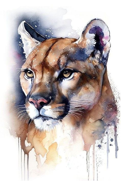 Watercolor Paintings Detailed, Watercolor Wildlife Paintings, Professional Watercolor Paintings, Puma Painting, Illustration Art Animals, Puma Animal, Wild Animal Art, Watercolor Paintings Of Animals, Big Cats Art