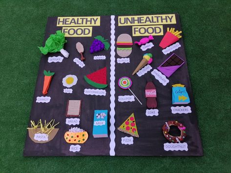 Healthy Food School Project, Healthy Unhealthy Food Craft, Healthy Food Unhealthy Food Activities, Healthy And Unhealthy Food Poster, Healthy Food Chart For Kids Project, Healthy And Unhealthy Food Project, Healthy And Unhealthy Food Activities, Healthy Food Activities For Preschool, Healthy Food Activities