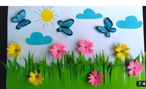 Garden Paper Crafts, Bulletin Board Ideas Flowers, Grass Paper Craft, How To Make Grass Out Of Paper, Display Board Decoration For School, Spring Decorations Kindergarten, Spring School Decorations, Creative Display Boards For School, Spring Wall Decorations