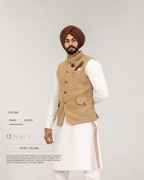 Introducing our new trendy collection of jackets with beige golden colour with luxury fabric with eagle embroidery done by hand with Ivory colour kurta pajama in rich cotton fabric. Kurta Pajama Men With Waist Coat, Kurta With Waist Coat For Men, Punjabi Coat Pant With Turban, Coat Pant With Turban, Kurta Pajama Men Punjabi, Kurta Pajama With Nehru Jacket, Wedding Suits Men Black, Indian Wedding Suits Men, Indian Groom Dress