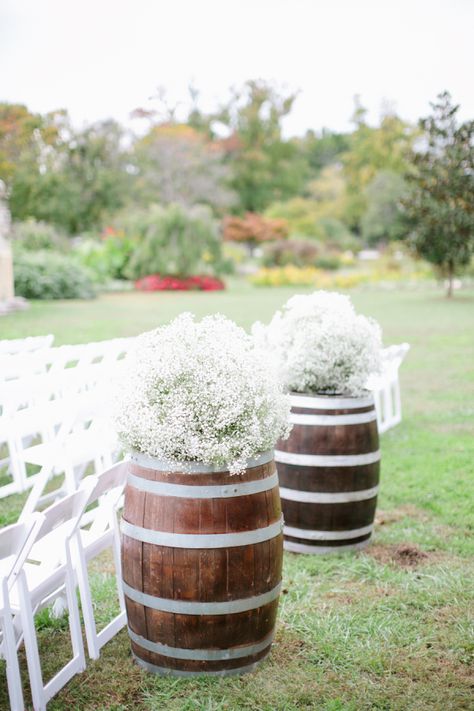 Babys Breath Wedding Decor | photography by http://www.heatherrothphotography.com Wine Barrel Wedding Decor, Barrel Wedding Decor, Wine Barrel Wedding, Wedding Aisles, Barrel Wedding, Flowers Wine, Rustic Wedding Decorations, Wedding Decorations On A Budget, Wine Barrels