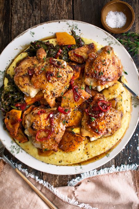 Maple Mustard Chicken, Maple Sauce, The Original Dish, Maple Mustard, Roasted Chicken Thighs, Creamy Polenta, Mustard Chicken, Fall Dinner Recipes, Sauce For Chicken