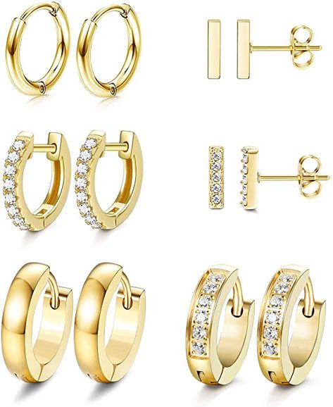 Amazon.com: JOERICA 6 Pairs Hoop Huggie Earrings for Women Girls Minimalist Cuff Mini Bar Stud Earrings Gold Silver Cubic Zirconia Small Ear Piercing Set (Gold): Clothing Red Earrings Stud, Simple Stud Earrings, Stud Earrings Gold, Bar Stud Earrings, Rare Crystal, Bar Studs, Tiny Stud Earrings, Ear Piercing, Large Hoop Earrings