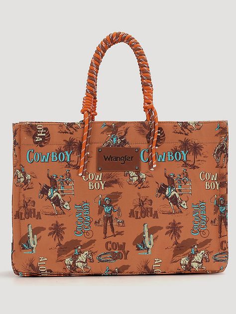 Aloha Cowboy Print Tote Bag | Women's ACCESSORIES | Wrangler® Surf Cowboy, Boot Scootin Boogie, Nashville Outfit, Cowboy Print, Wrangler Accessories, Retro Jeans, Nashville Outfits, Round Handle, Western Aesthetic