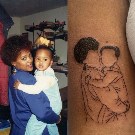 Minimalist Family Portrait Tattoo, Mom And Daughter Portrait Tattoo, Faceless Tattoo Portraits, Portrait Tattoo Placement For Women, Black Mom Tattoo Ideas, Minimalist Portrait Tattoo, Outline Of Picture Tattoo, Miami Tattoo Ideas Small, Small Portrait Tattoo