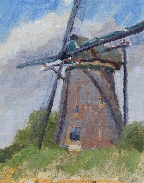 Joan Breckwoldt "Windy Day" plein air painting in oil in Holland 2014. The Netherlands windmill. www.joanbreckwoldt.com see my blog for more about this trip. Windmill Painting, Netherlands Windmills, Holland Art, Holland Windmills, Estate Garden, Beauty In Art, Dutch Windmills, Red Cottage, Texas Artist