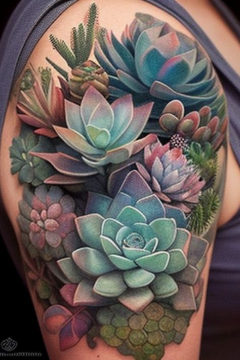 Stunning Small Succulent Tattoo Ideas for a Delicate Touch Succulent Arm Sleeve Tattoo, Skull With Succulents Tattoo, Succulent And Crystal Tattoo, Succulent Tattoo Design, Succulent Sleeve Tattoo, Realistic Cactus Tattoo, Flower And Plant Tattoos, Plant Lover Tattoo Ideas, Tattoo Ideas For Survivors