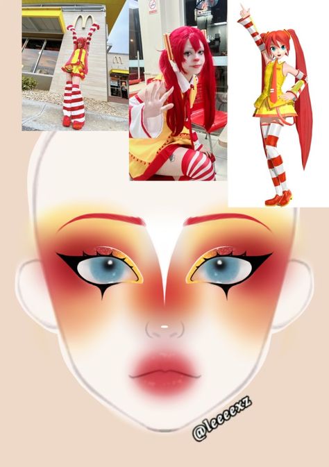 Is she McDonald's miku or just McMiku what Mcdonalds Miku Cosplay, Miku Mcdonald, Miku Cosplay Makeup, Make Up Artistique, Mcdonalds Miku, Rainbow Clown Makeup, Clown Inspired Outfit, Miku Makeup, Blond Characters