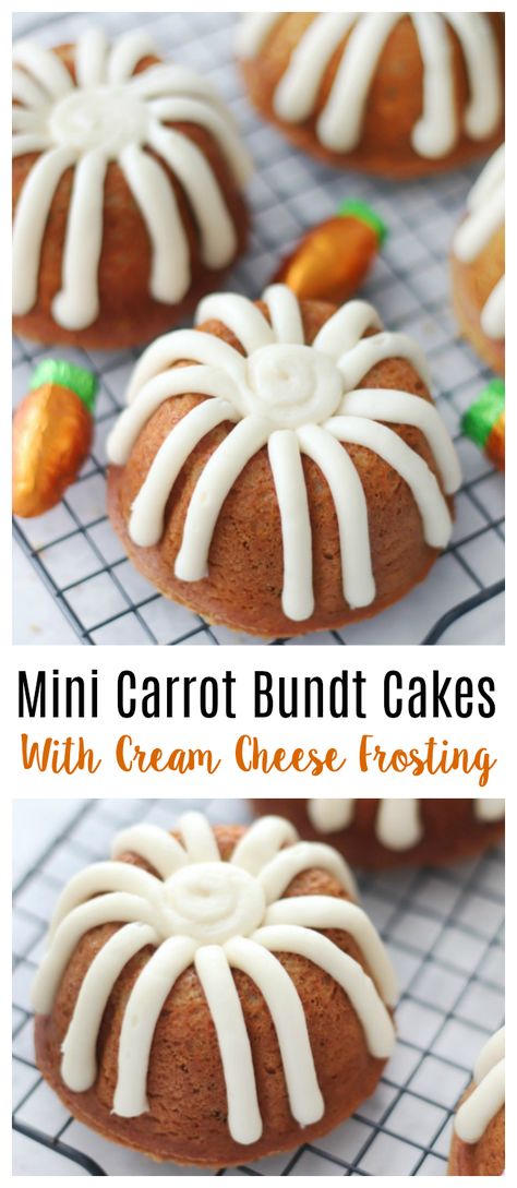 These mini carrot bundt cakes are so EASY to make using a cake mix. I'll share how to make ANY cake mix cake taste amazing by adding two ingredients. You'll love our homemade cream cheese frosting, and I'll even show you how to ice them just like the ones from your local bakery! Carrot Cake Bundt, Mini Bunt Cake, Carrot Bundt Cake, Bunt Cake Recipe, Mini Bundt Cakes Recipes, Bundt Pan Recipes, Mini Carrot Cake, Bundt Recipes, Nothing Bundt