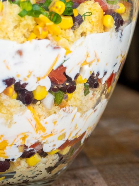 Cowboy Trifle Vertical 3 Cowboy Salad Recipe, Pot Luck Dishes, Dishes For A Crowd, Cowboy Salad, Cowboy Cornbread, Cornbread Salad, Layered Salad Recipes, Layered Salad, Trifle Recipe