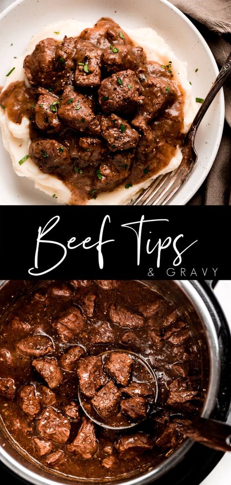 Instant Pot Beef Tips, Beef Tips Gravy, Beef Tip Recipes, Beef Recipe Instant Pot, Beef Tips And Gravy, Over Mashed Potatoes, Instant Pot Pasta Recipe, Stew Meat Recipes, Best Instant Pot Recipe