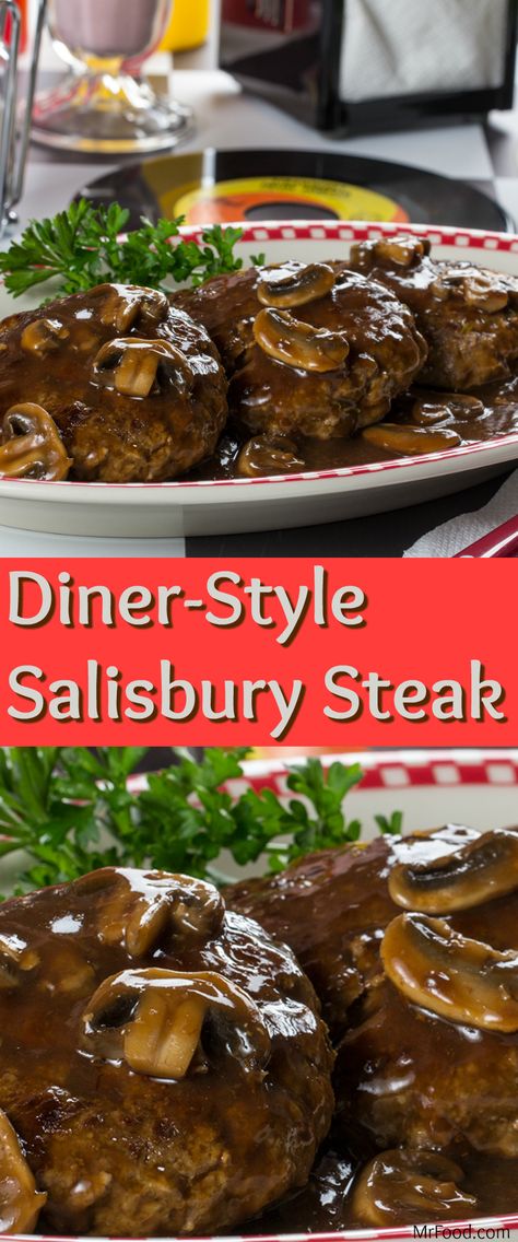 This comforting dinner was popular in homes and diners across the country during the '50s and '60s. Our Diner-Style Salisbury Steak is beefy, hearty, and smothered in a flavor-packed mushroom gravy. To serve it the classic way, don't forget the green peas on the side! Diner Specials Ideas, Work Salads, Steak Diner, Beef Bites, Homemade Salisbury Steak, Dinner Specials, Salisbury Steak Recipe, Diner Food, Freezer Cooking Recipes