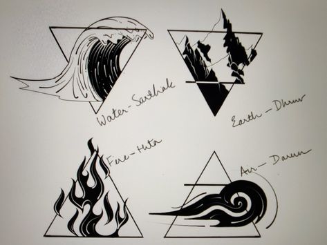 Four triangle on the page with two of them inverted and two of them straight. The inverted one without a horizontal line across it is WATER with a wave bigger than the triangle. The inverted triangle with a horizontal line across it is EARTH with three ragged stone mountains. The straight triangle without a horizontal line across is FIRE which has flames and the straight triangle with the line is AIR with a gust of wind drawn inside the triangle. Fire Water Matching Tattoos, Triangle Fire Tattoo, Earth Wind Fire Air Tattoo, Element Air Tattoo, Four Elements Tattoo Design, Air And Water Tattoo, Fire And Rain Tattoo, Fire And Earth Tattoo, Fire Earth Tattoo