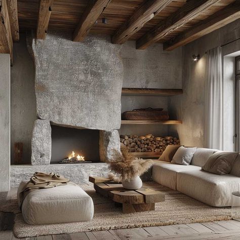 Bright and Airy Fireplace Wall Ideas for Scandinavian Interiors • 333+ Art Images Asymmetrical Fireplace, Chalet Fireplace, Asymmetrical Fireplaces, Fireplace Wall Ideas, Big Fireplace, Fireplace Rustic, Rustic Stone Fireplace, Columns Decor, Sleek Fireplace