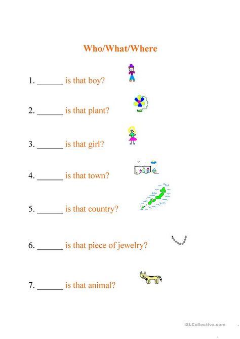 Who/What/Where - English ESL Worksheets for distance learning and physical classrooms What Where Who Worksheet, Who What Where Worksheets, Where Worksheet, Teaching Child To Read, English Grammar For Kids, Who What Where, Grammar For Kids, Classroom Anchor Charts, Personal Pronouns