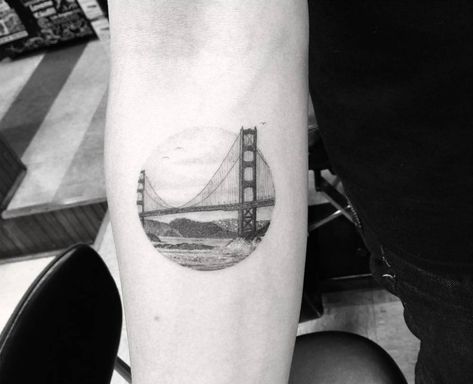 Golden Gate circle tattoo on the right inner forearm. Golden Gate Bridge Tattoo, Woo Tattoo, Dr Woo Tattoo, Cali Tattoo, Bridge Tattoo, Dr Woo, Inner Forearm Tattoo, Circle Tattoos, Circle Tattoo