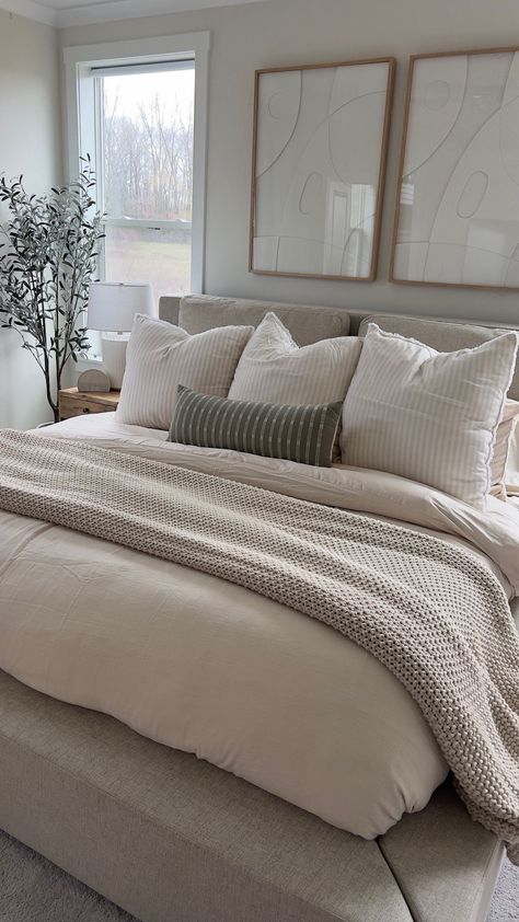 Earthy Bedroom Decor Cozy, Grey And Color Bedroom, Master Bed Quilt Ideas, Bedroom Ideas White Headboard, Modern But Homey Bedroom, Soft Bedframe Aesthetic, Spare Bedroom Bedding Ideas, Pictures Behind Nightstand, One Bedroom Apartment Office Ideas