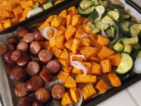 Sheet Pan Kielbasa with Sweet Potato, and Zucchini – dawns-ad-lib.com® Sheet Pan Kielbasa, Sheet Pan Zucchini, Pan Zucchini, Kielbasa Potatoes, Sweet Potato And Zucchini, Zucchini And Potatoes, Potato And Zucchini, Kielbasa And Potatoes, Sweet Potato Dinner