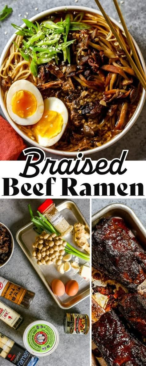 Enjoy the cozy and savory flavors of Beef Ramen made with braised beef short ribs, browned mushrooms and an ultra-savory broth. Top with jammy 6-minute eggs for the ultimate beef ramen at home. Shredded Beef Ramen, Beef Ramen Noodle Recipes, Beef Ramen Recipe, Ramen Noodle Recipes Soup, Ramen At Home, Ramen Soup Recipes, Ramen Toppings, Beef Ramen, Braised Beef Short Ribs