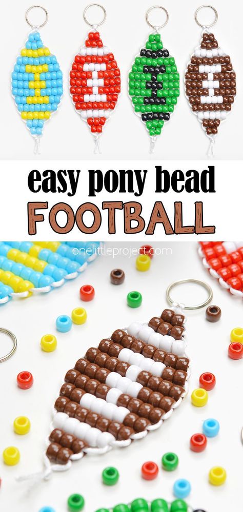 Celebrate the Super Bowl with this pony bead football! Make a football keychain in your favourite team's colours - it's SO EASY! You only need a few simple supplies to make this sports craft for kids of all ages, and it looks so fun hanging on a bag or backpack. This is such a fun Super Bowl craft and a great craft for boys and girls. Pony Beads Patterns Easy, Pony Bead Designs Pattern, Superhero Diy Crafts, Pony Bead Melting Crafts, Beading Crafts For Kids, Pony Bead Templates, Bead Projects For Kids, Kids Keychain Craft, Easy Pony Bead Patterns