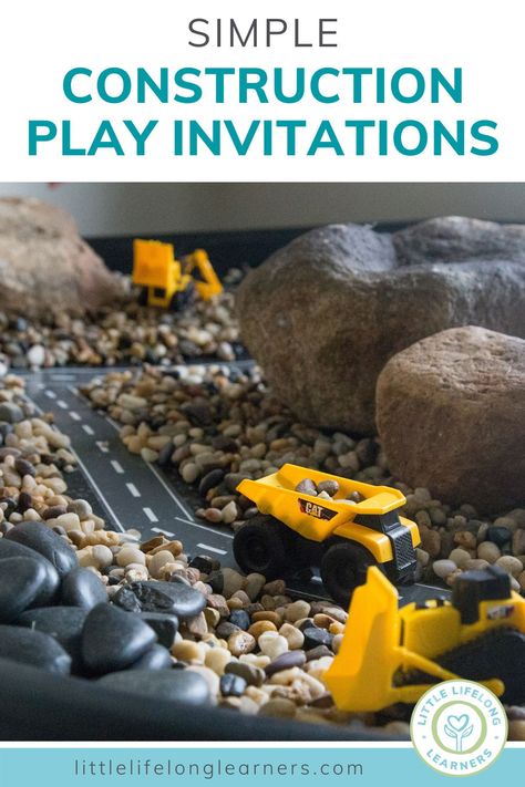 Simple construction-themed play invitations for toddlers and preschoolers by Little Lifelong Learners. I'm sharing my favorite construction site activities and play invitations. Featuring construction sensory play ideas, construction dramatic play ideas, and construction small world ideas perfect for toddlers and preschoolers who love trucks and building. Read the blog post to learn more and download construction site printables! Transportation Theme Preschool Sensory Bin, Construction Small World Play, Truck Sensory Play, Construction Sensory Table, Small World Play Ideas Preschool, Cars Sensory Bin, Construction Sensory Play, Small World Ideas, Construction Dramatic Play