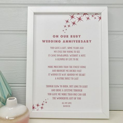 Ruby Wedding Anniversary Poem for Husband/Wife Poems For Birthdays, Poem For Husband, Anniversary Poems For Husband, Wedding Anniversary Poems, Mum Poems, Ruby Anniversary Gifts, Anniversary Poems, Card Verses, 9th Wedding Anniversary