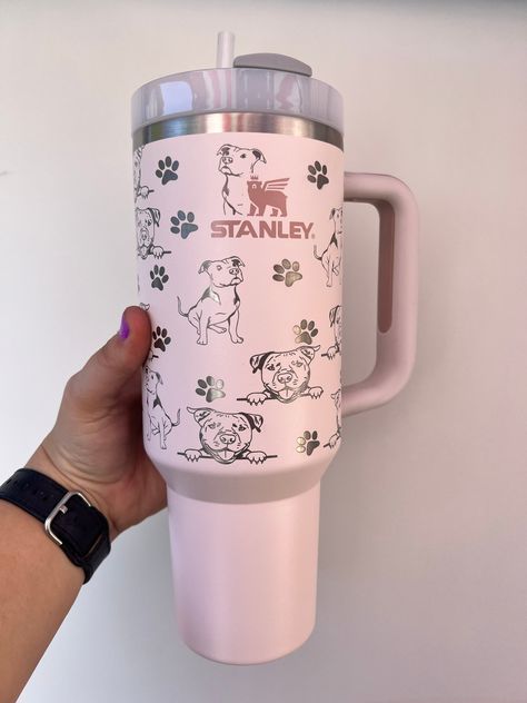 Stanley Tumbler Laser Engraved Half Design Pit Bull & Paw Prints - Etsy Stanley Tumbler Ideas, Stably Cups, Stanley Cup With Design, Custom Stanley Cup, Stanley Cup Cricut Design, Disney Stanley Cup, Stanley Cup Decal, Leopard Stanley Cup, Stanley Cup Designs