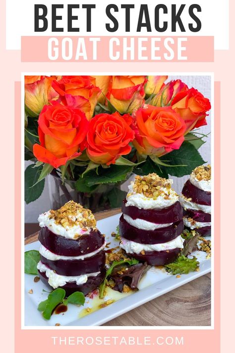 Delicious Goat Cheese Beet Stacks with whipped goat cheese and finely chopped pistachios. EASY recipe. Goat Cheese Beets, Beet And Goat Cheese Appetizer, Beets And Goat Cheese, Cheese Ball Bites, Goat Cheese Appetizer, Beet And Goat Cheese, Dinner Party Dishes, Whipped Goat Cheese, Goat Cheese Recipes