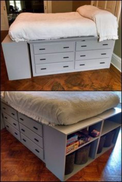 DIY Platform Beds - Dresser Platform Bed - Easy Do It Yourself Bed Projects - Step by Step Tutorials for Bedroom Furniture - Learn How To Make Twin, Full, King and Queen Size Platforms - With Headboard, Storage, Drawers, Made from Pallets - Cheap Ideas You Can Make on a Budget http://diyjoy.com/diy-platform-beds Space Saving Dresser, Beautiful Bed Designs, Diy Storage Bed, Basement Room, Murphy Bed Ikea, Diy Platform Bed, Pallet Beds, Basement Bedroom, Fun Furniture