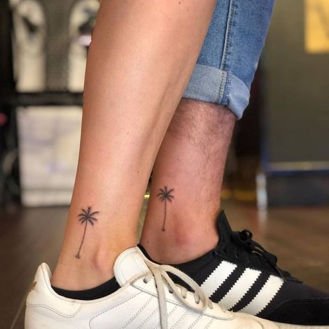 Matching palm tree tattoos on the ankle. Tiny Tattoos With Meaning, Couple Matching Tattoo, Ankle Bracelet Tattoo, Small Couple Tattoos, Palm Tree Tattoo, Small Girl Tattoos, Small Tattoos Simple, Tattoo Bracelet, Mom Tattoos