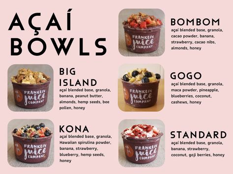 Smoothie Bowl Menu Design, Acai Bar Ideas, Healthy Cafe Menu Ideas, Acai Bar Design, Acai Cafe Design, Acai Bowl Branding, Acai Bowl Menu Design, Acai Bowl Shop Design, Smoothie Bowl Business