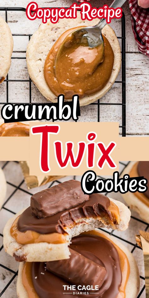 Twix Crumble Cookie Copycat Recipe, Crumbl Cookie Twix Copycat, Twix Stuffed Cookies, Copycat Twix Crumbl Cookies, Crumbl Twix Cookie Recipe, Twix Recipe Desserts, Copycat Crumbl Cookie Recipe, Copycat Crumbl Cookies, Twix Recipe