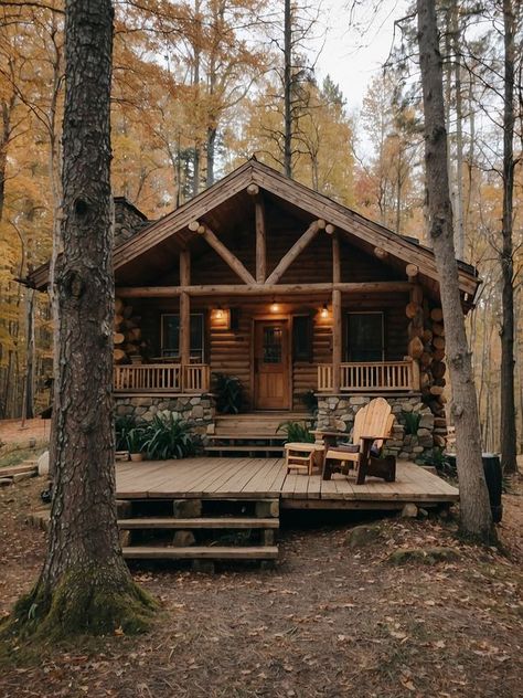 Modern Log Cabins Exterior Small, Woodsy Cabin Interior, Tiny Home Log Cabin, Tiny Hunting Cabin, Simple Log Cabin Homes, Cabin Cottage Interior, Cabin Back Porch, Cabin House Aesthetic, Wood Cabin Exterior