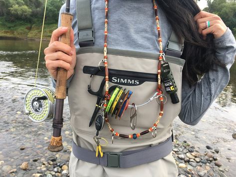 "This handsome double-zipper 7\" rectangular neoprene case protects and stores your ChieflyLanyards handmade beaded fly fishing lanyard." Fly Fishing Lanyard, Fishing Lanyard, Spool Holder, Fishing Reels, North Face Backpack, Metal Beads, Paracord, Fly Fishing, Lanyard