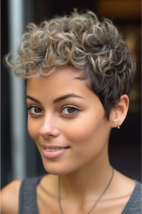 28 Trendy Curly Pixie Cut Ideas To Spice Up Your Style Feminine Short Curly Hair, Short Curly Haircuts Pixie, Short Curly Thick Hair, Very Short Curly Haircuts, Pixie Cut Curly Hair Round Face, Short Curly Pixie Hairstyles, Super Short Curly Hair, Get Your Curls Back, Curly Pixie Haircut