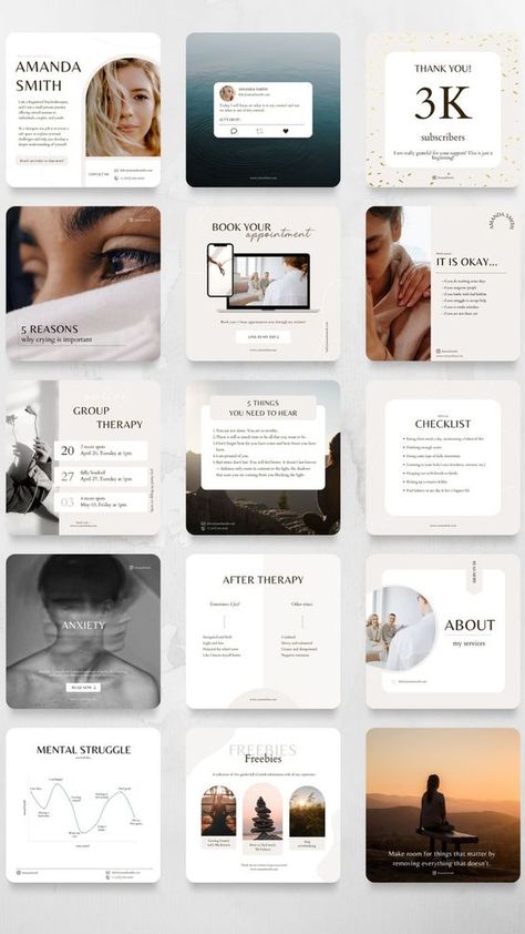 Social Media Templates Design Therapist Post Ideas, Therapist Instagram Ideas, Psychologist Social Media Design, Psychology Instagram Post Design, Business Psychology Aesthetic, Psychology Social Media Design, Psychologist Instagram Feed, Therapist Instagram Feed, Psychology Instagram Feed